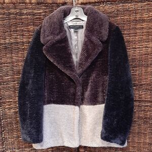 French Connection Womens Small Faux Fur Coat Colorblock Blue Sherpa Teddy Jacket